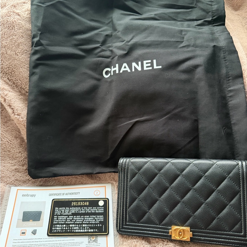 CHANEL Caviar Leather Black Quilted Long Wallet with Gold Hardware